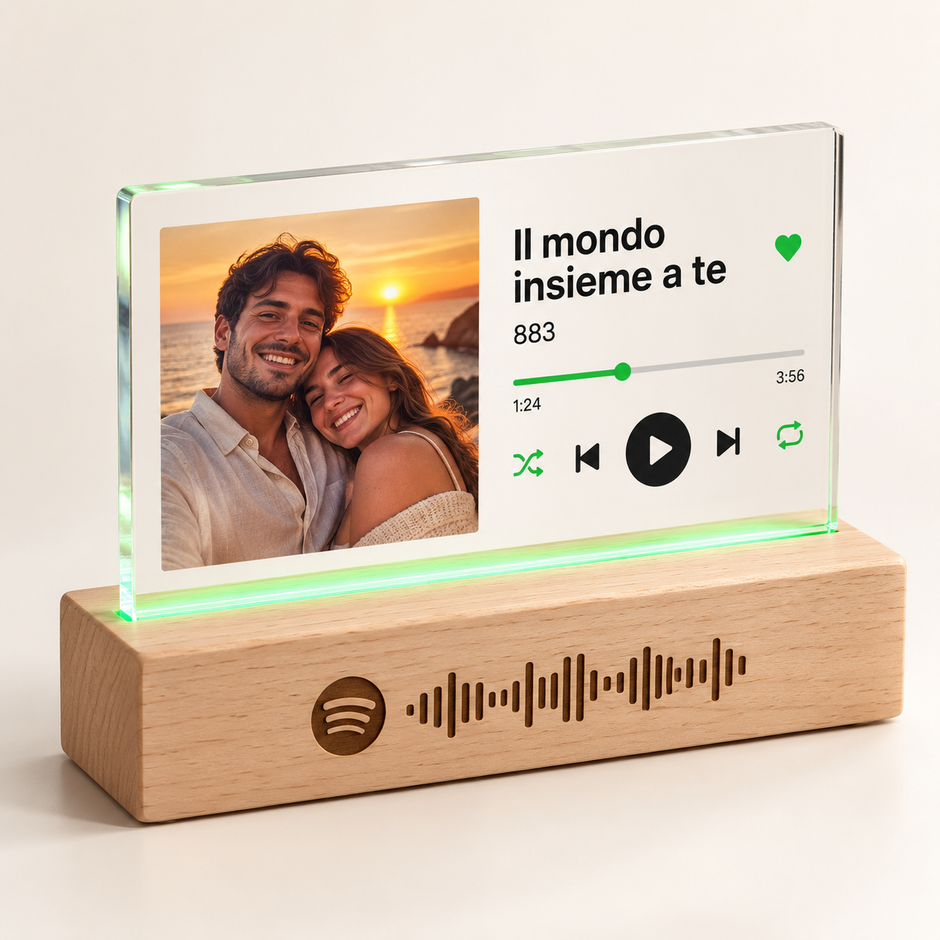 Targa musicale personalizzata con foto e codice Spotify – Base LED in legno