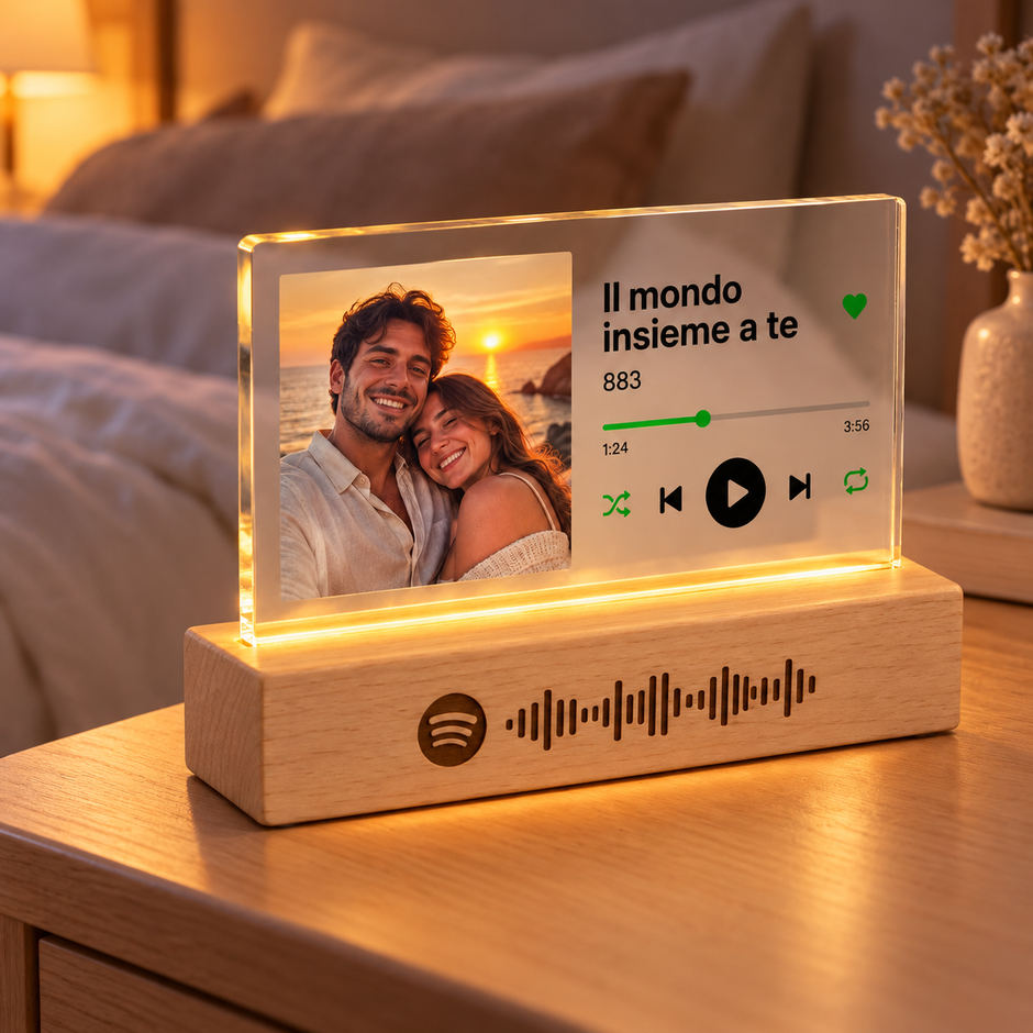 Targa musicale personalizzata con foto e codice Spotify – Base LED in legno