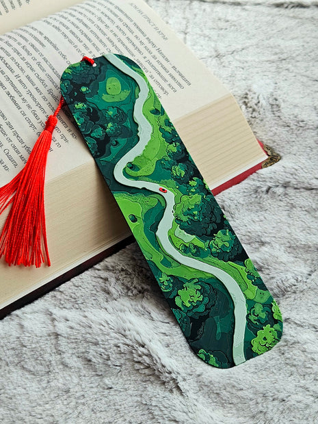 Segnalibro con paesaggio verde e cordoncino rosso