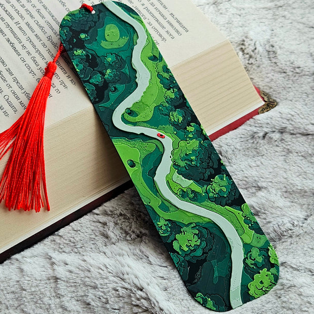 Segnalibro con paesaggio verde e cordoncino rosso